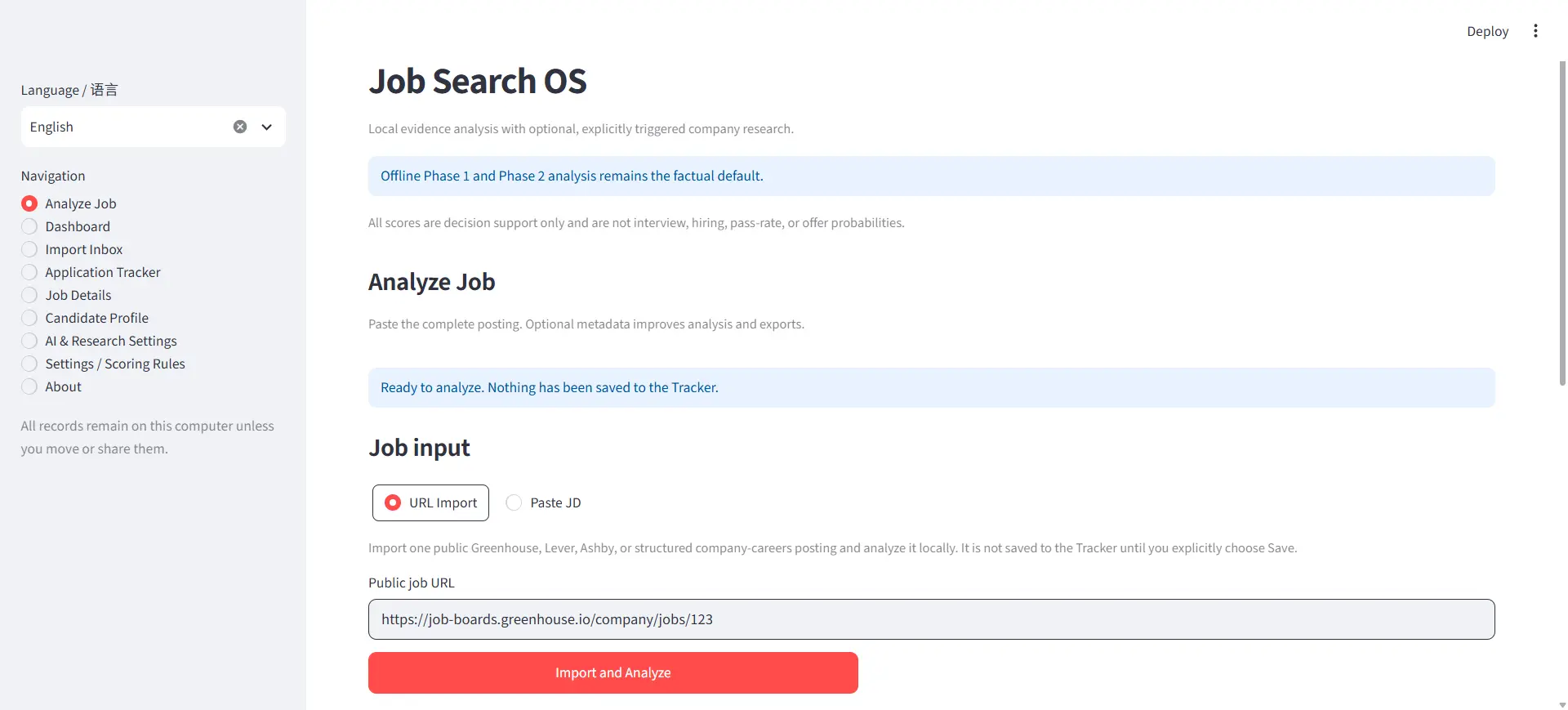 Job Search OS interface showing the main workspace and job analysis controls.