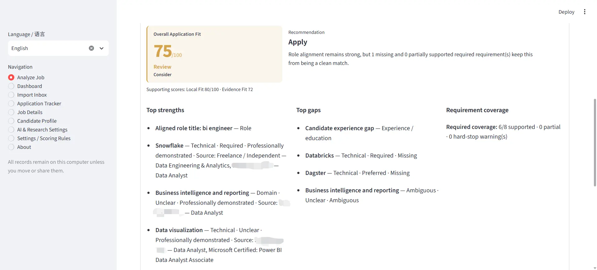 Job Search OS scoring interface showing job-fit score, matched requirements, evidence, and skill gaps.